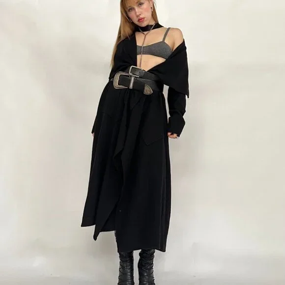 Sarah Pacini Wool Black Duster Jacket - Picture 2 of 9